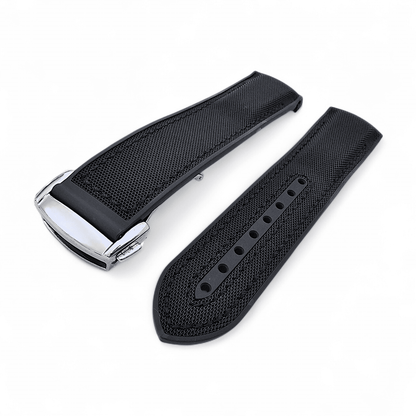 Elite Hybrid FKM Sailcloth Curved End Watch Strap 20mm 21mm 22mm Black - Wrist Envy