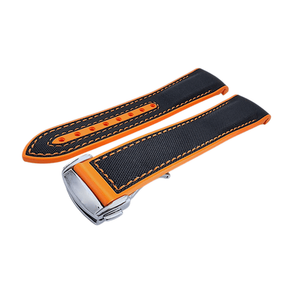 Elite Hybrid FKM Sailcloth Curved End Watch Strap 20mm 21mm 22mm Black Orange - Wrist Envy