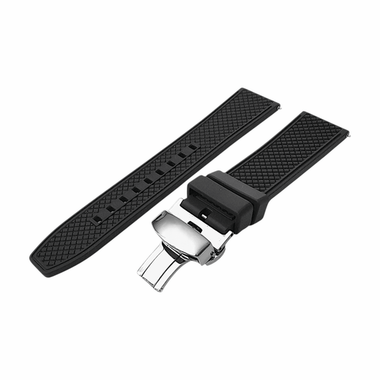 FKM Rubber Butterfly Deployment Watch Strap 20mm 21mm 22mm Black - Wrist Envy