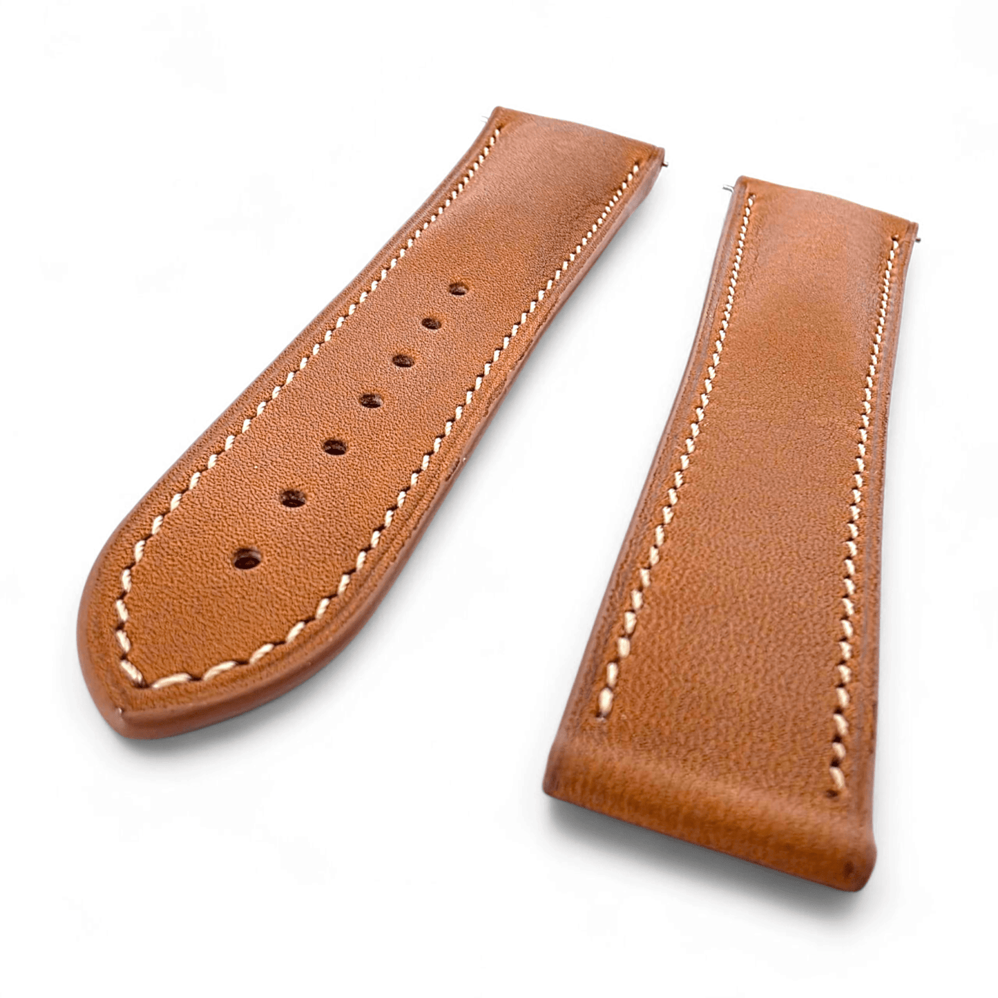 French Novanappa Full Grain Leather Deployment Watch Strap 20mm 22mm Golden Brown Cream - Wrist Envy