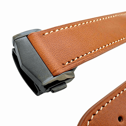 French Novanappa Full Grain Leather Deployment Watch Strap 20mm 22mm Golden Brown Cream - Wrist Envy
