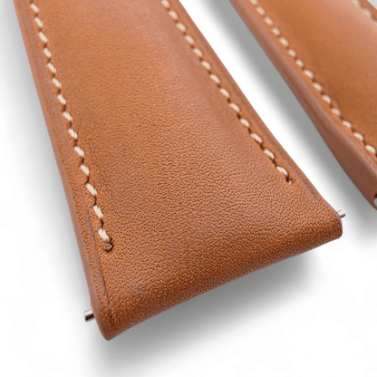 French Novanappa Full Grain Leather Deployment Watch Strap 20mm 22mm Golden Brown Cream - Wrist Envy