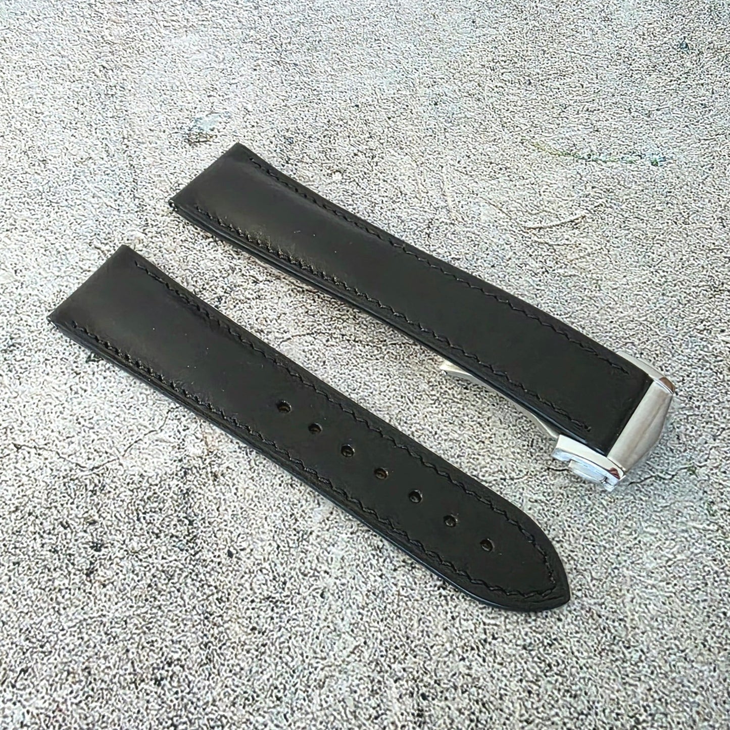 French Novanappa Leather Deployant Strap - Custom Ready Made - Black - Wrist Envy