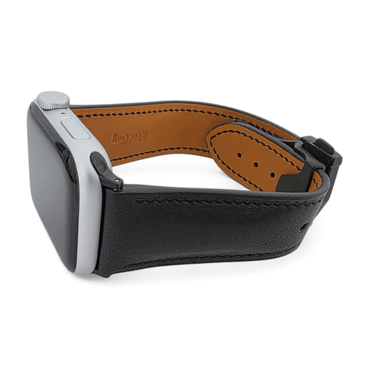 French Novanappa Leather Watch Strap With Deployment For Apple Watch Black - Wrist Envy