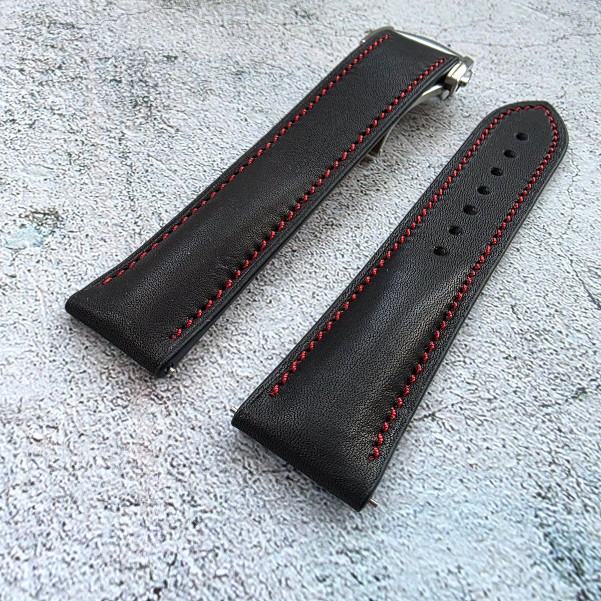 French Novonappa Leather Deployant Strap 20mm Black Red Stitching - Wrist Envy