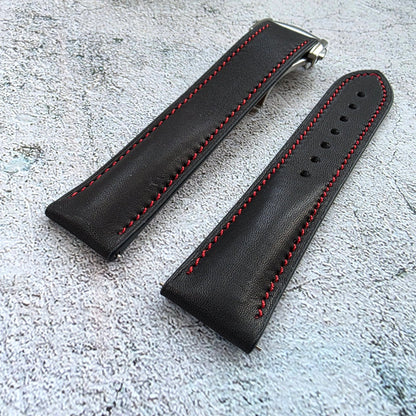 French Novonappa Leather Deployant Strap 20mm Black Red Stitching - Wrist Envy