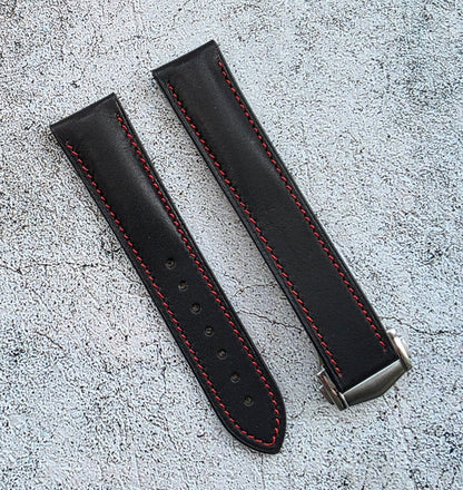 French Novonappa Leather Deployant Strap 20mm Black Red Stitching - Wrist Envy