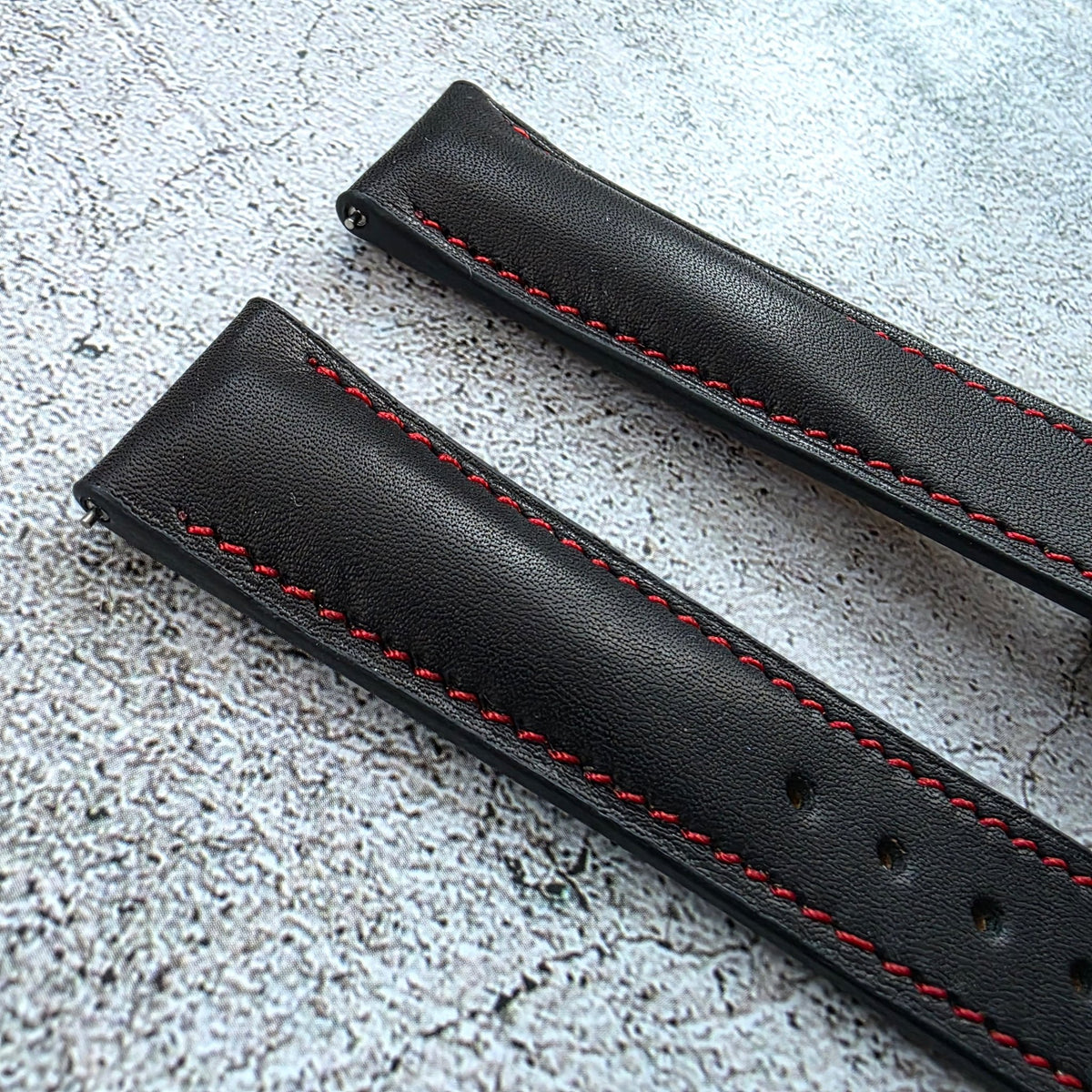 French Novonappa Leather Deployant Strap 20mm Black Red Stitching - Wrist Envy