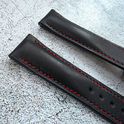 French Novonappa Leather Deployant Strap 20mm Black Red Stitching - Wrist Envy