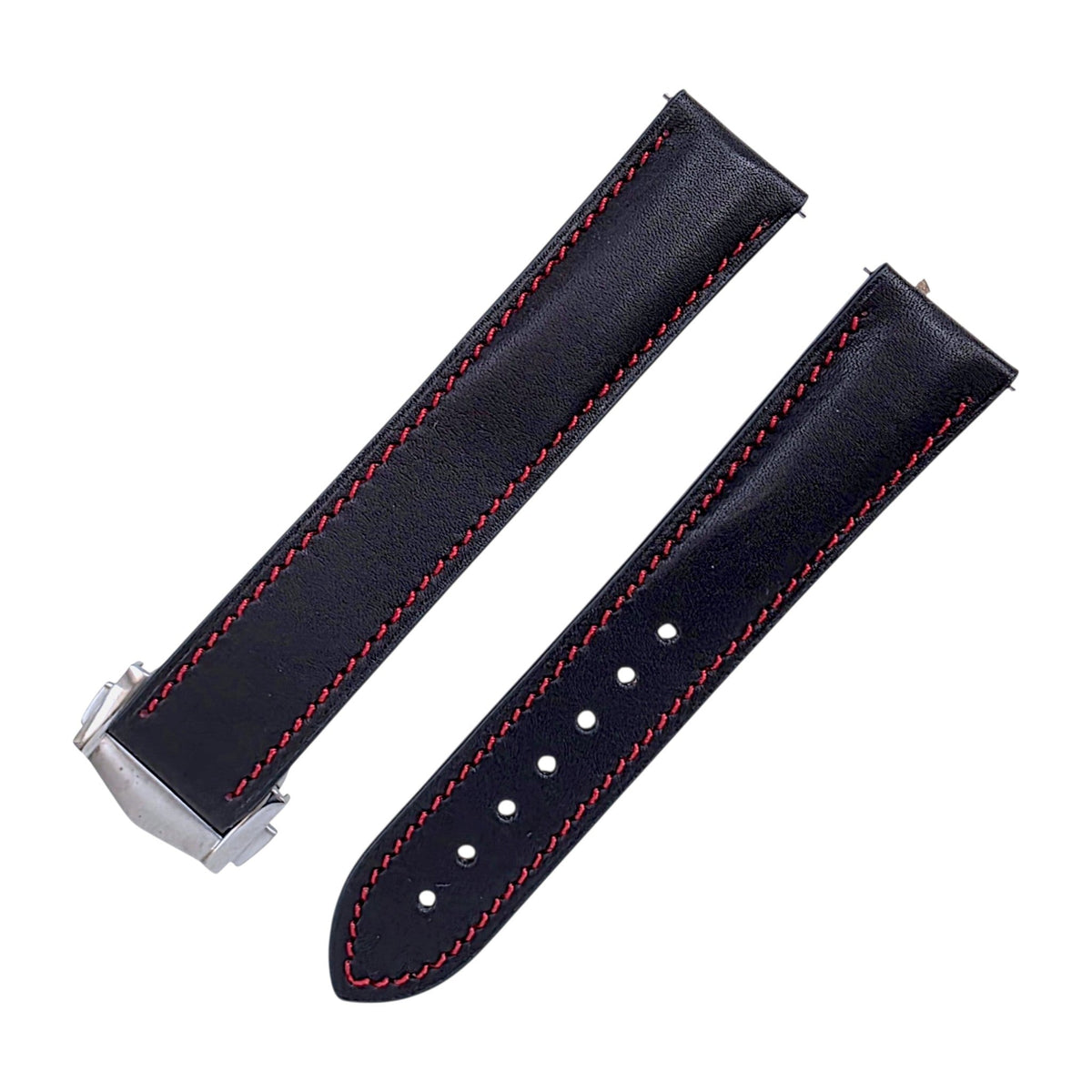 French Novonappa Leather Deployant Strap 20mm Black Red Stitching - Wrist Envy