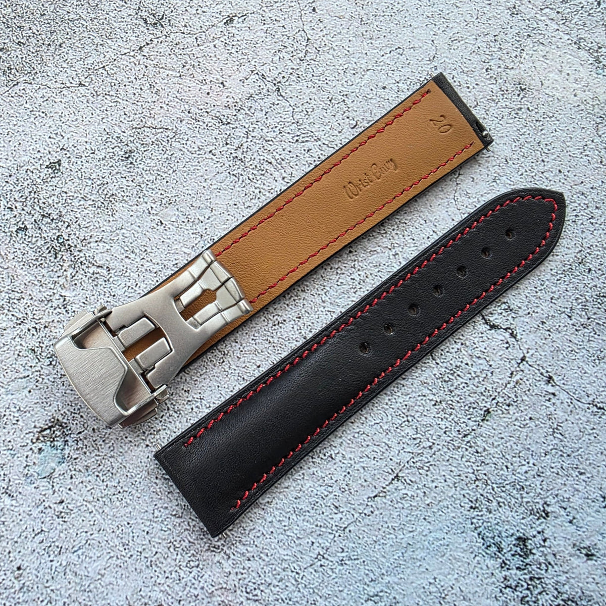 French Novonappa Leather Deployant Strap 20mm Black Red Stitching - Wrist Envy