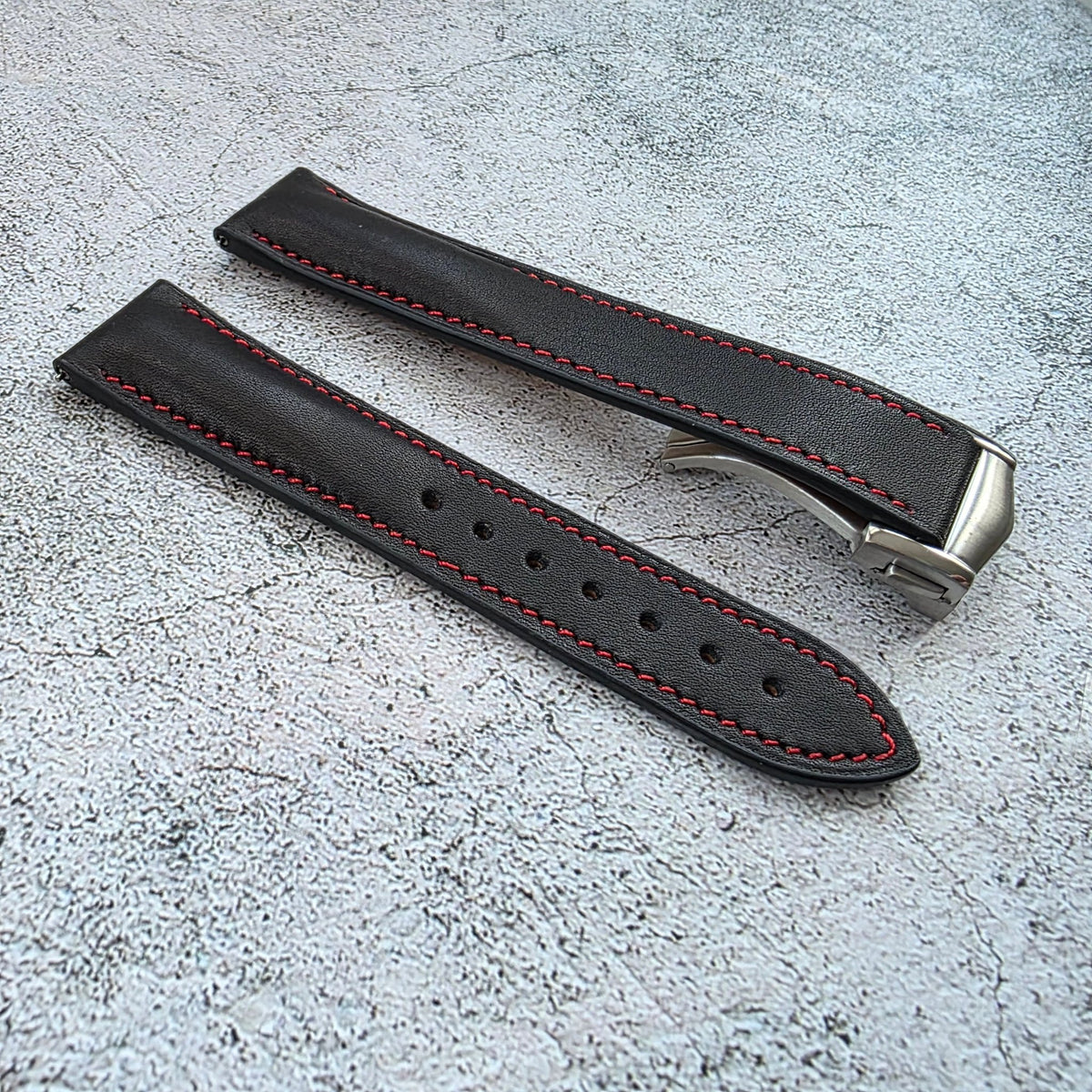 French Novonappa Leather Deployant Strap 20mm Black Red Stitching - Wrist Envy