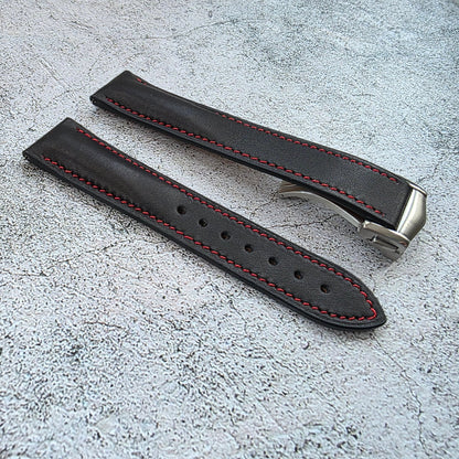 French Novonappa Leather Deployant Strap 20mm Black Red Stitching - Wrist Envy