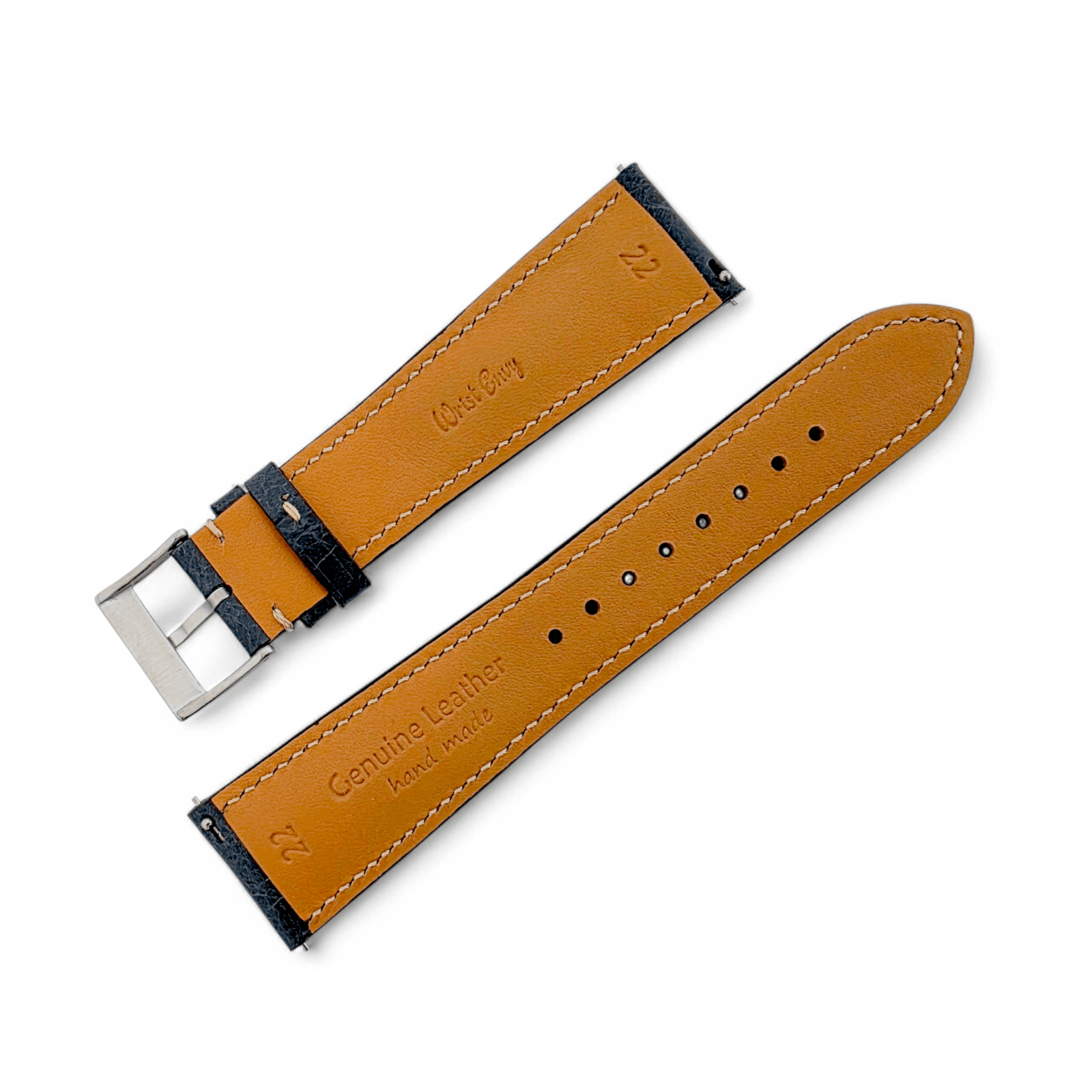 Genuine Full Grain Leather Tuscan Padded Watch Strap 20mm 22mm Washed Black - Wrist Envy