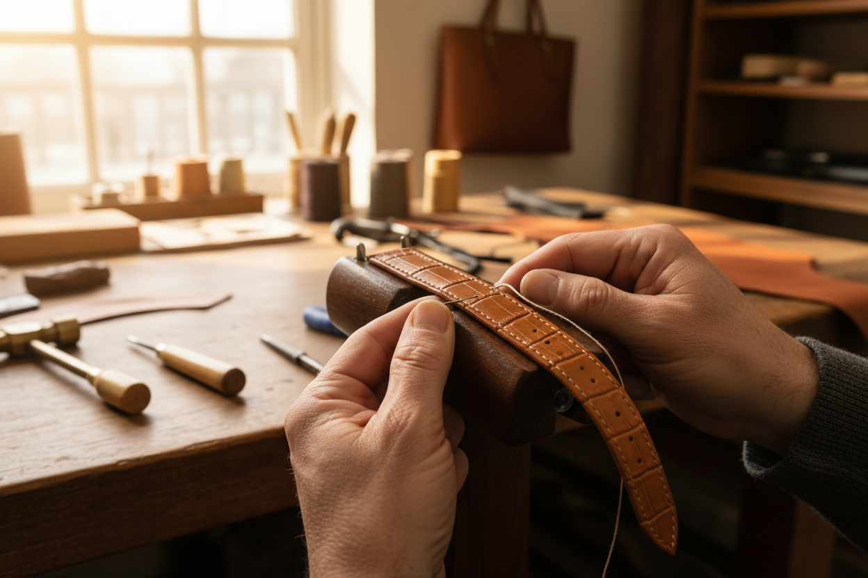 handmade bespoke watch strap being stitched in a workshop