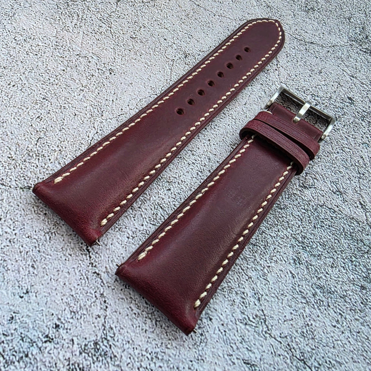 Horween Chromexcel Hand Stitched Leather Watch Strap 20mm 22mm Burgundy - Wrist Envy