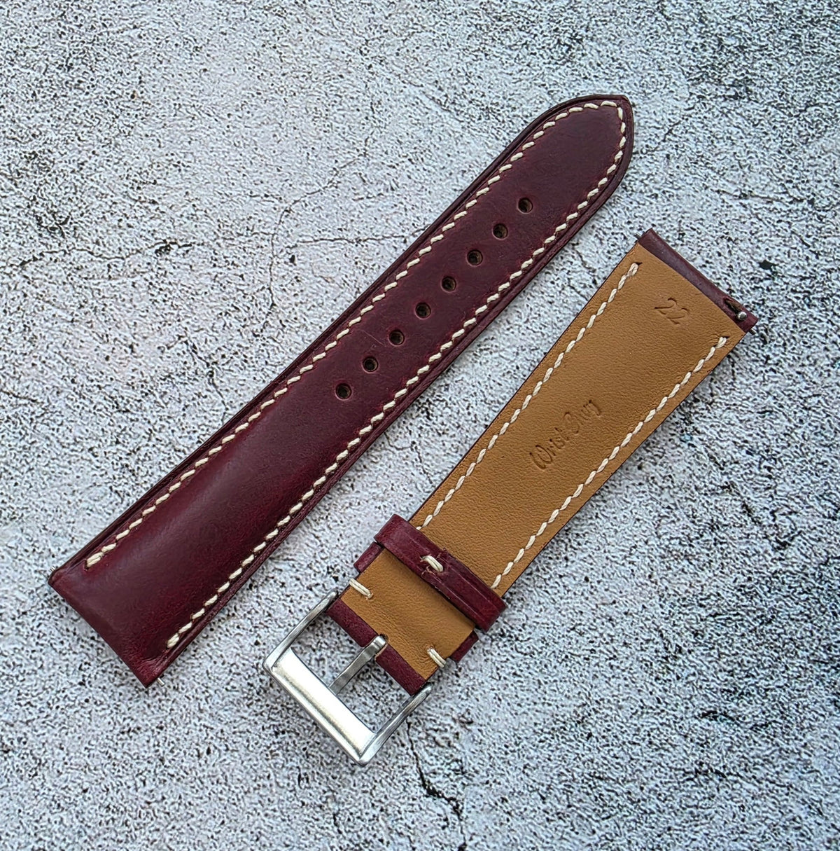 Horween Chromexcel Hand Stitched Leather Watch Strap 20mm 22mm Burgundy - Wrist Envy