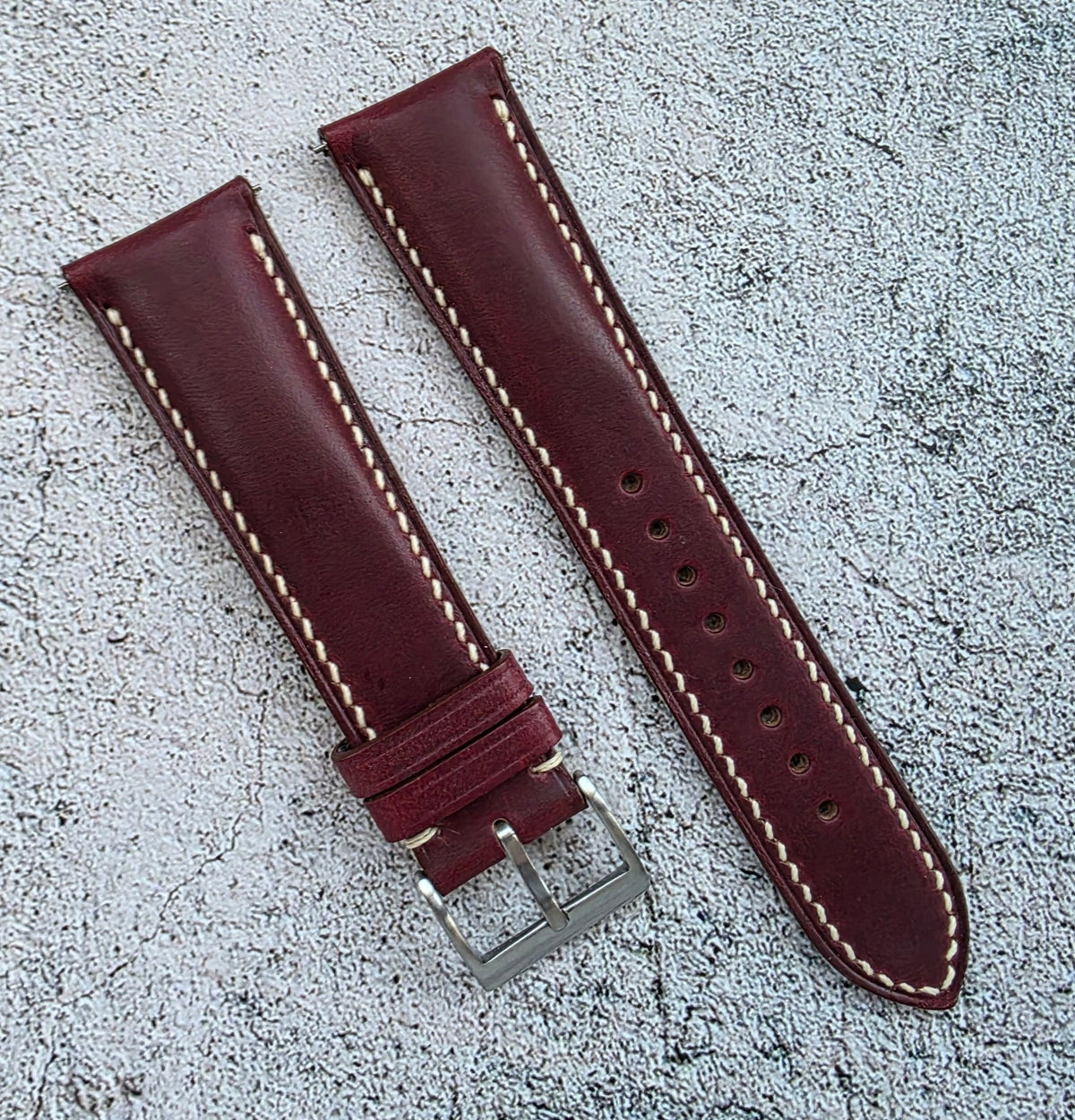 Horween Chromexcel Hand Stitched Leather Watch Strap 20mm 22mm Burgundy - Wrist Envy