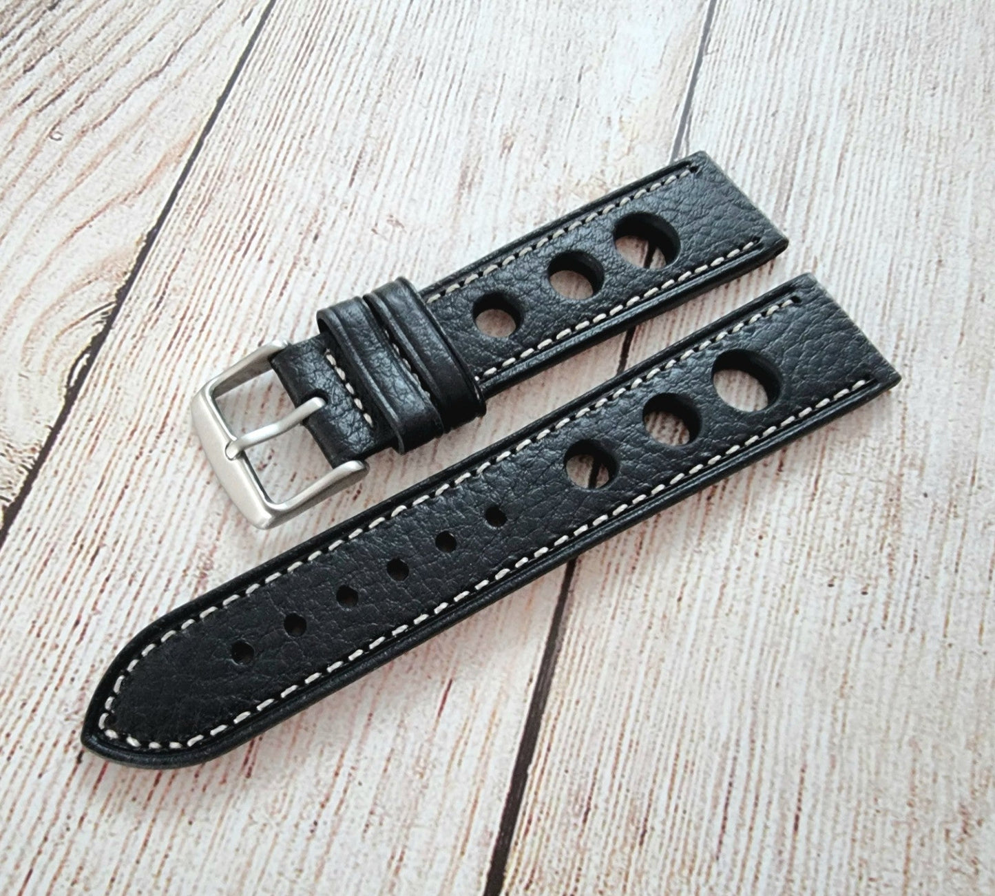 Leather Rally Racing Watch Strap 22mm Black - Wrist Envy