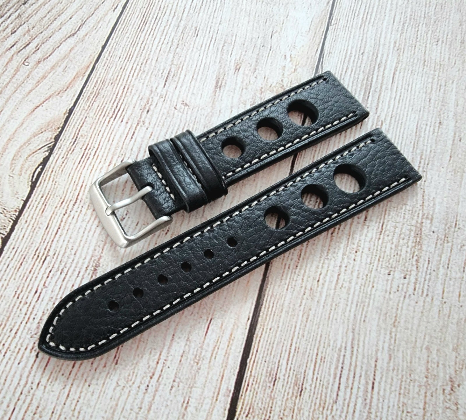 Leather Rally Racing Watch Strap 22mm Black - Wrist Envy
