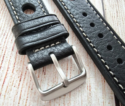 Leather Rally Racing Watch Strap 22mm Black - Wrist Envy
