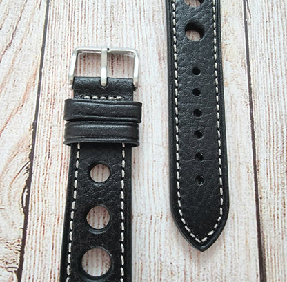 Leather Rally Racing Watch Strap 22mm Black - Wrist Envy