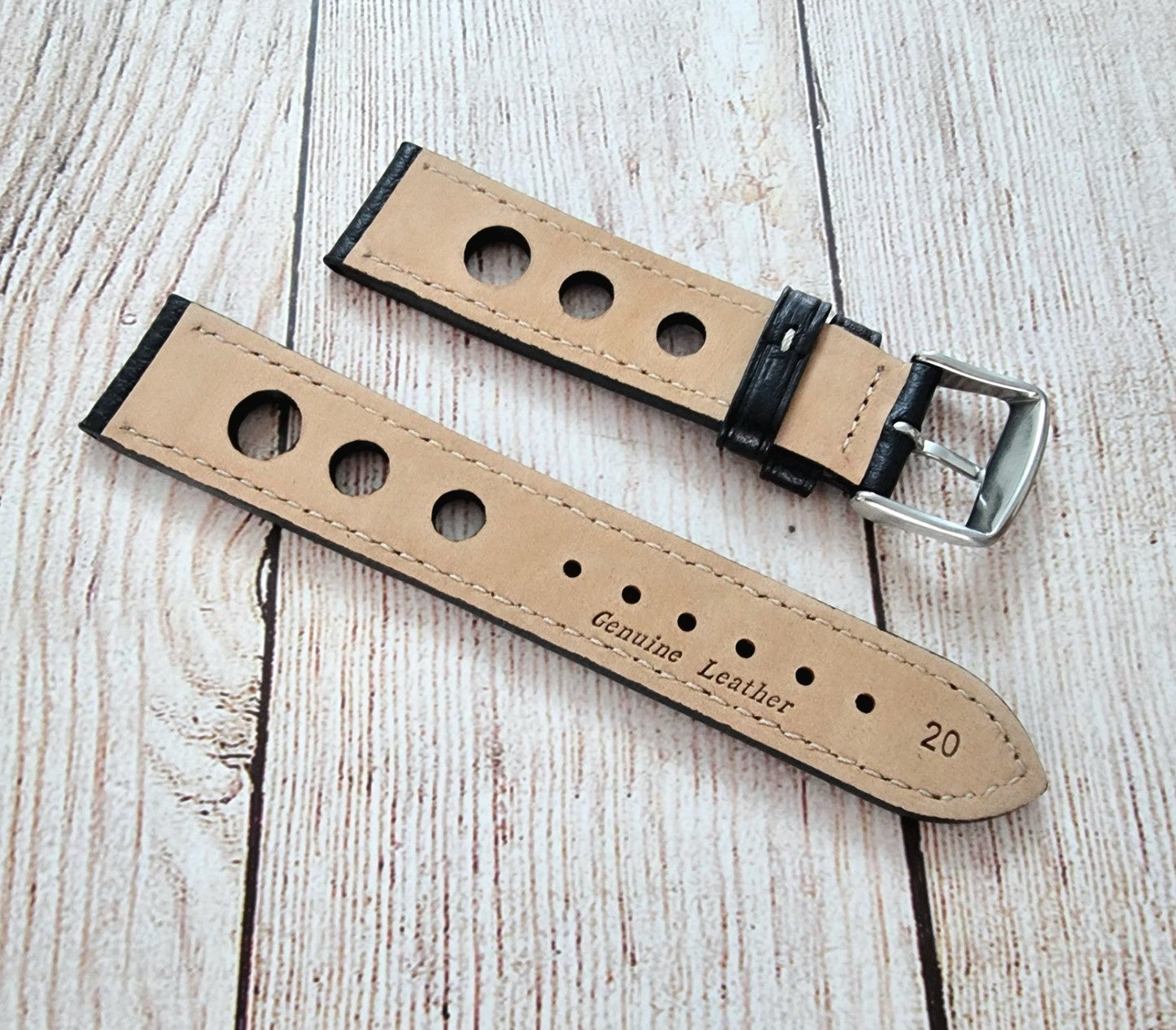 Leather Rally Racing Watch Strap 22mm Black - Wrist Envy