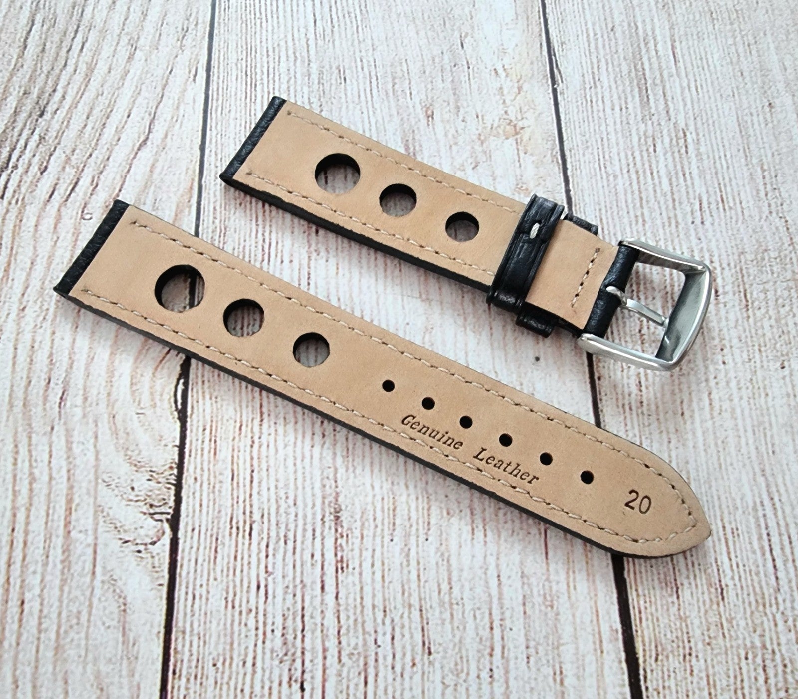 Leather Rally Racing Watch Strap 22mm Black - Wrist Envy