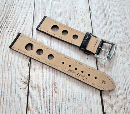 Leather Rally Racing Watch Strap 22mm Black - Wrist Envy