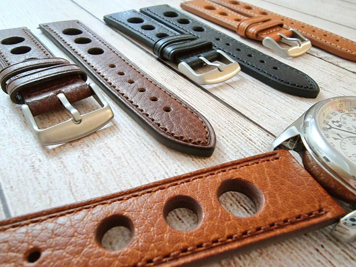 Leather Watch Strap Band Rally Racing Hole Vintage Grand Prix 18mm 20mm 22mm UK - Wrist Envy