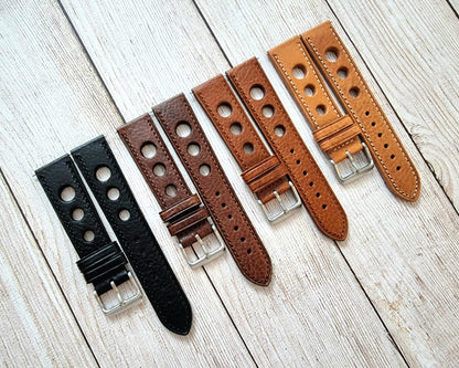 Leather Watch Strap Band Rally Racing Hole Vintage Grand Prix 18mm 20mm 22mm UK - Wrist Envy
