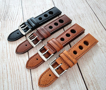 Leather Watch Strap Band Rally Racing Hole Vintage Grand Prix 18mm 20mm 22mm UK - Wrist Envy