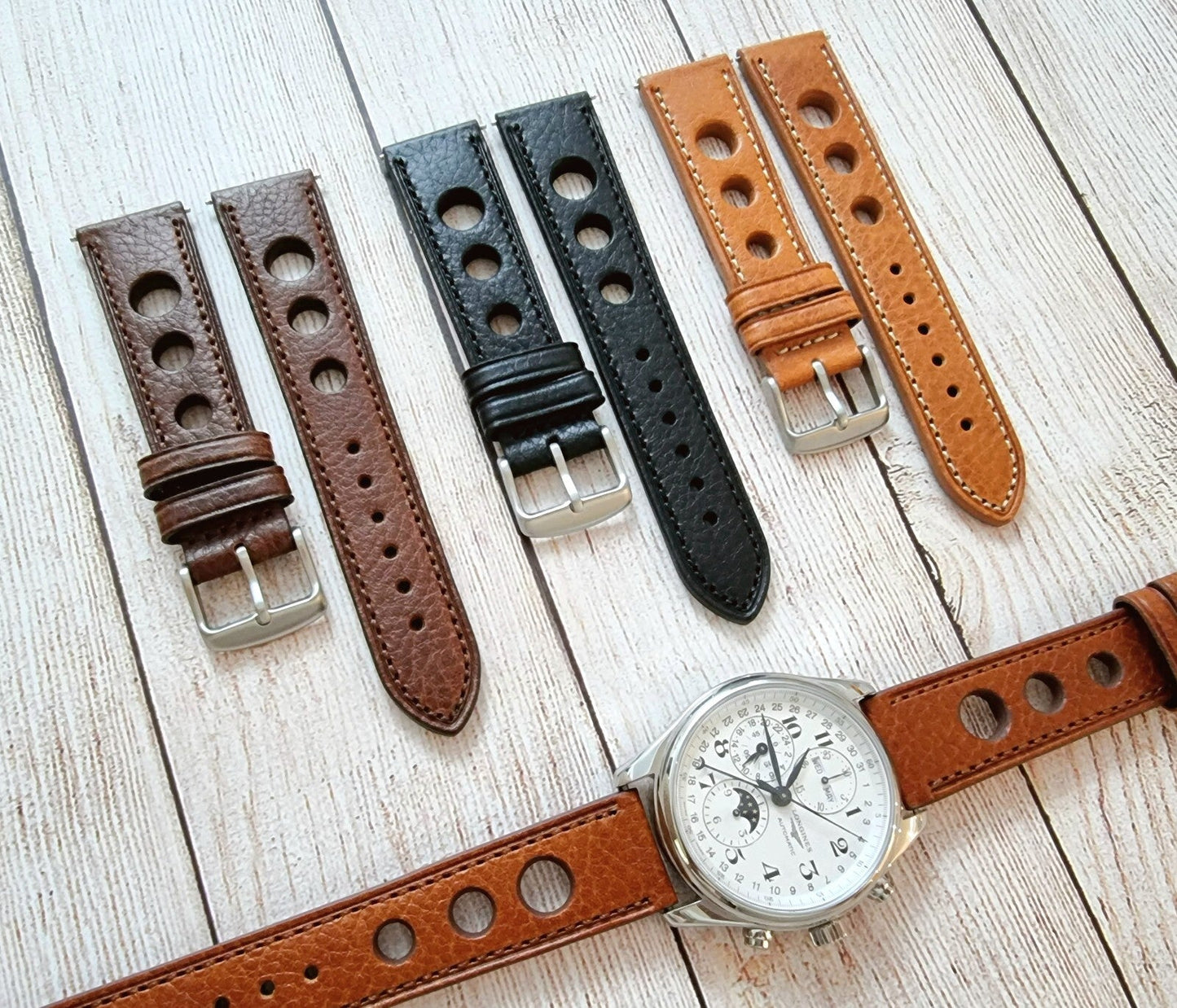 Leather Watch Strap Band Rally Racing Hole Vintage Grand Prix 18mm 20mm 22mm UK - Wrist Envy