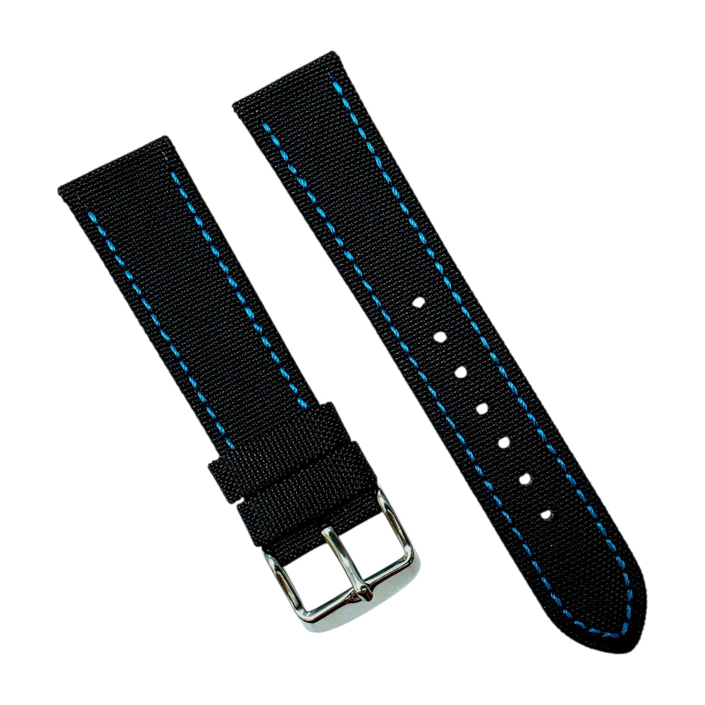 Nylon Canvas Watch Strap 20mm 22mm Black Blue Stitching - Wrist Envy