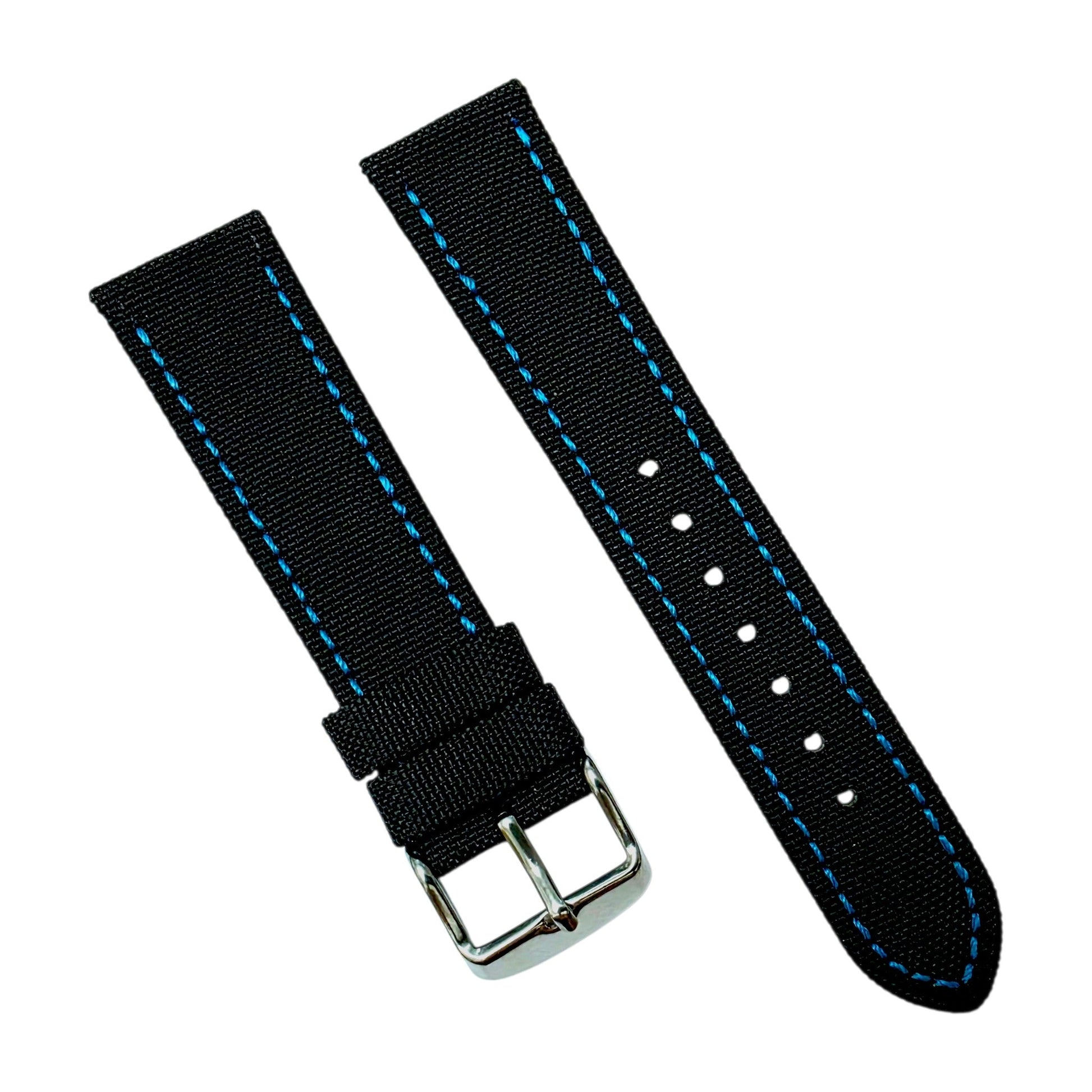 Nylon Canvas Watch Strap 20mm 22mm Black Blue Stitching - Wrist Envy