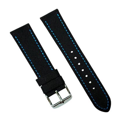 Nylon Canvas Watch Strap 20mm 22mm Black Blue Stitching - Wrist Envy