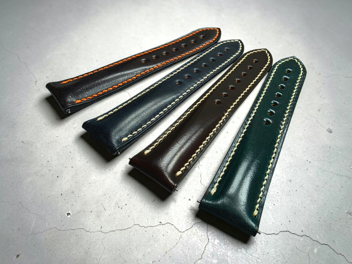 Shell Cordovan Hand Stitched Deployant Leather Strap 20mm Black Orange