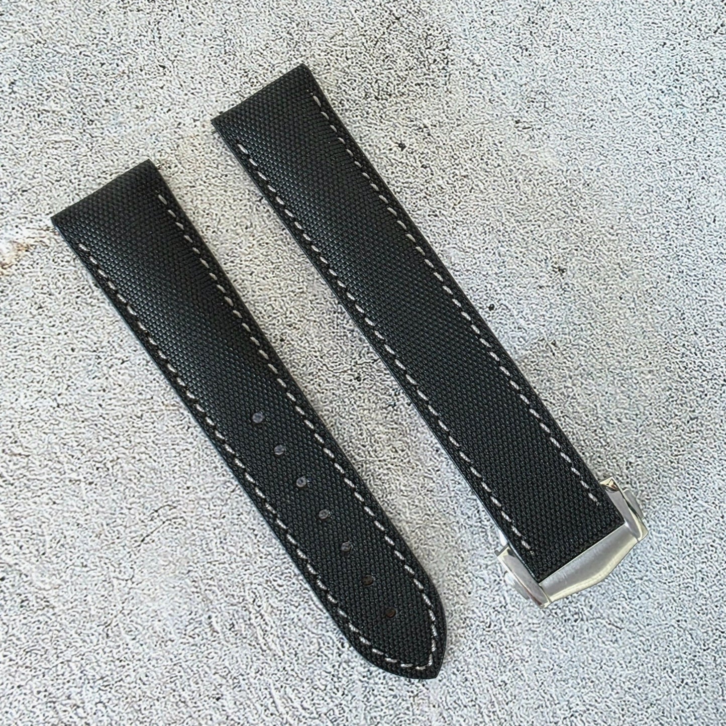Sailcloth Deployant Watch Strap Band 20mm Black with Grey Stitching - Wrist Envy