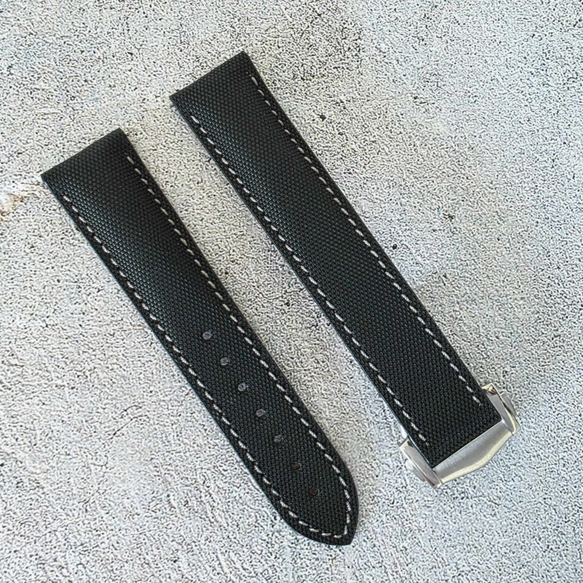 Sailcloth Deployant Watch Strap Band 20mm Black with Grey Stitching - Wrist Envy