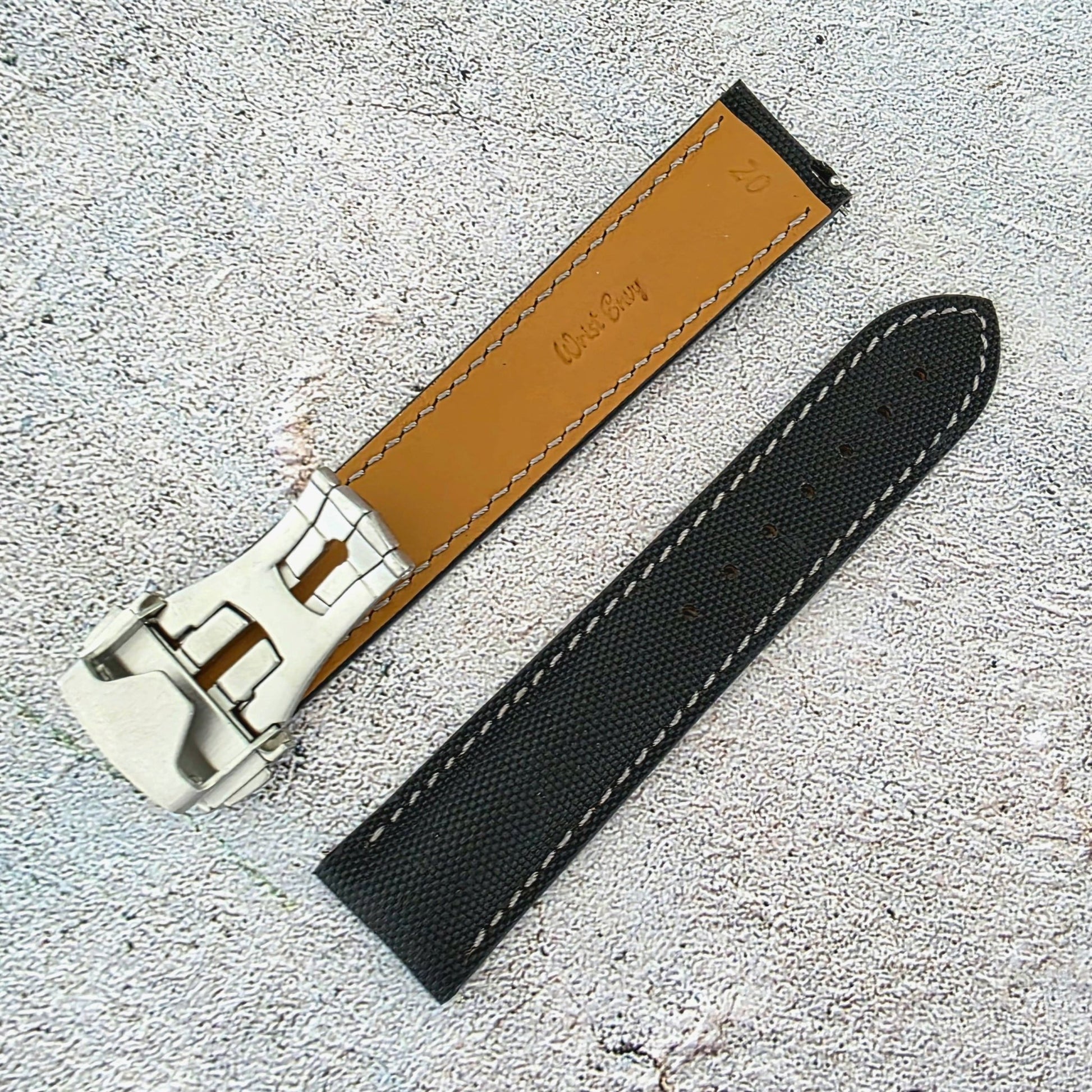 Sailcloth Deployant Watch Strap Band 20mm Black with Grey Stitching - Wrist Envy