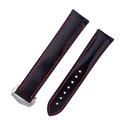 Shell Cordovan Hand Stitched Deployant Leather Strap 20mm Black Red - Wrist Envy