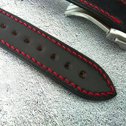 Shell Cordovan Hand Stitched Deployant Leather Strap 20mm Black Red - Wrist Envy