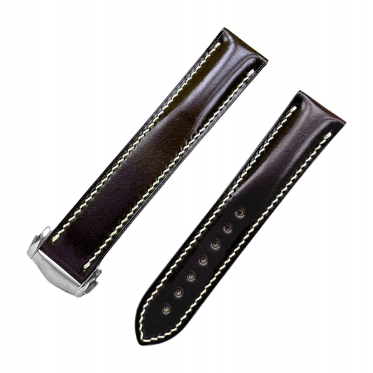Shell Cordovan Hand Stitched Deployant Leather Strap 20mm Burgundy Bordeaux - Wrist Envy