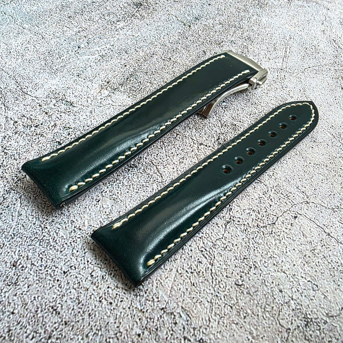 Shell Cordovan Hand Stitched Deployant Leather Strap 20mm Dark Green - Wrist Envy