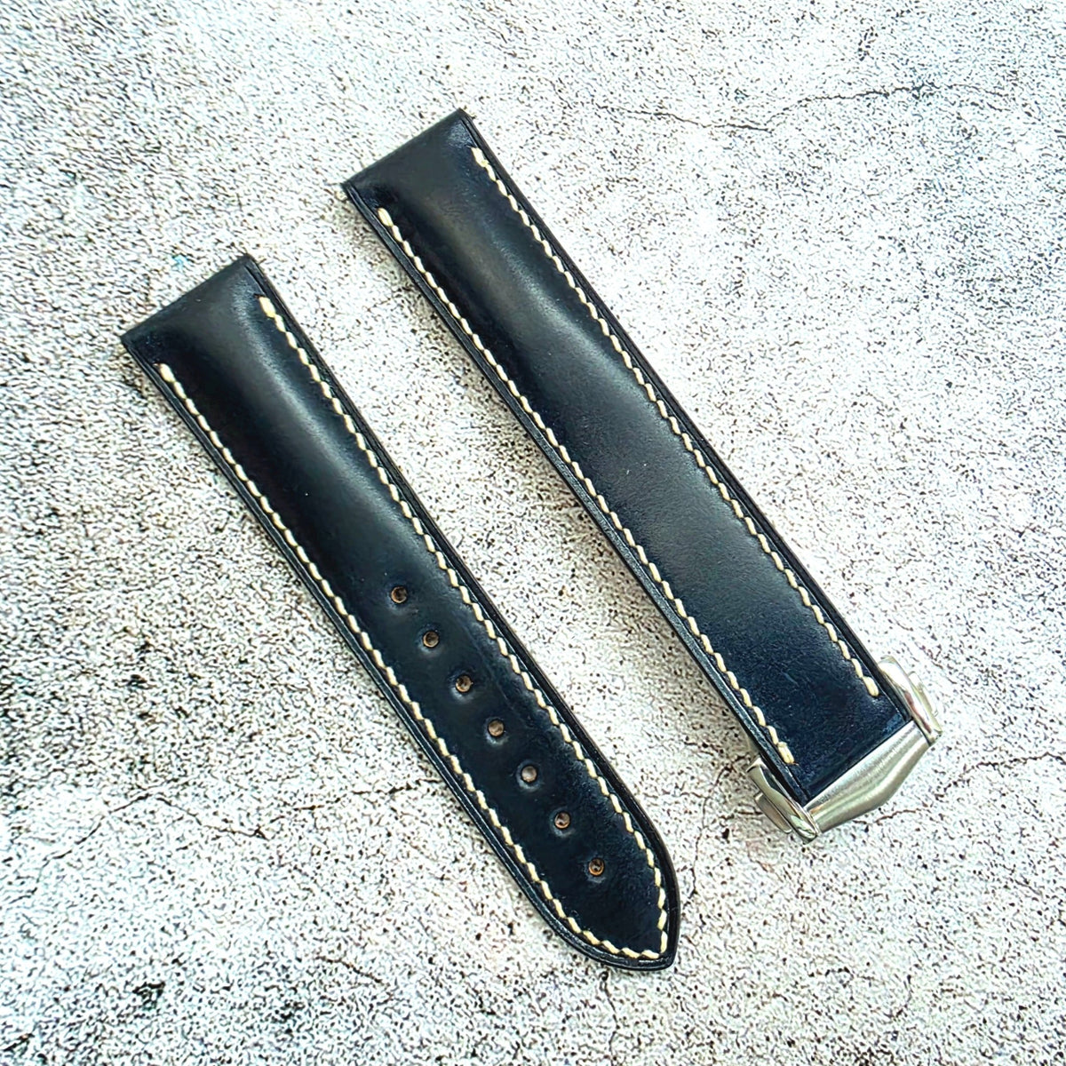 Shell Cordovan Hand Stitched Deployant Strap - Custom Ready Made - Dark Blue - Wrist Envy