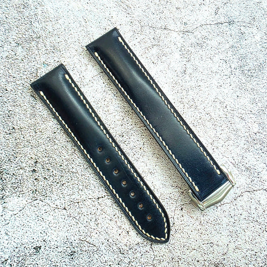 Shell Cordovan Hand Stitched Deployant Strap - Custom Ready Made - Dark Blue - Wrist Envy