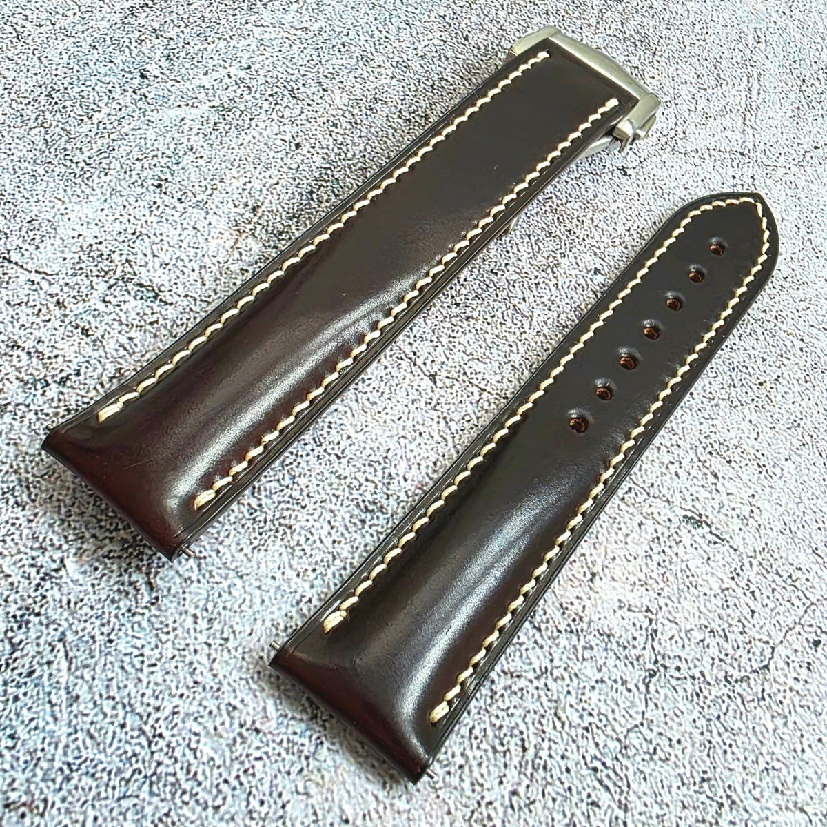 Shell Cordovan Hand Stitched Deployant Strap - Custom Ready Made - Dark Burgundy - Wrist Envy