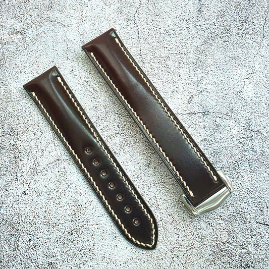 Shell Cordovan Hand Stitched Deployant Strap - Custom Ready Made - Dark Burgundy - Wrist Envy