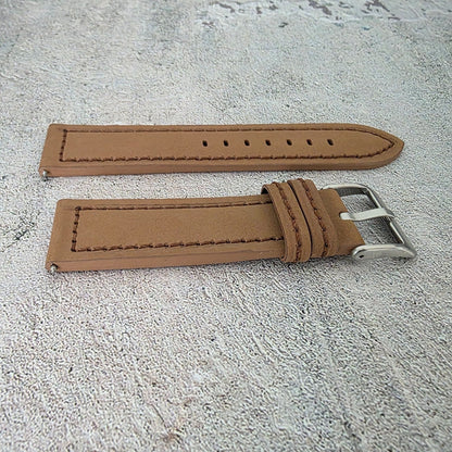 Suede Leather Watch Strap Band Thick Two Piece 24mm Light Brown Mens UK - Wrist Envy